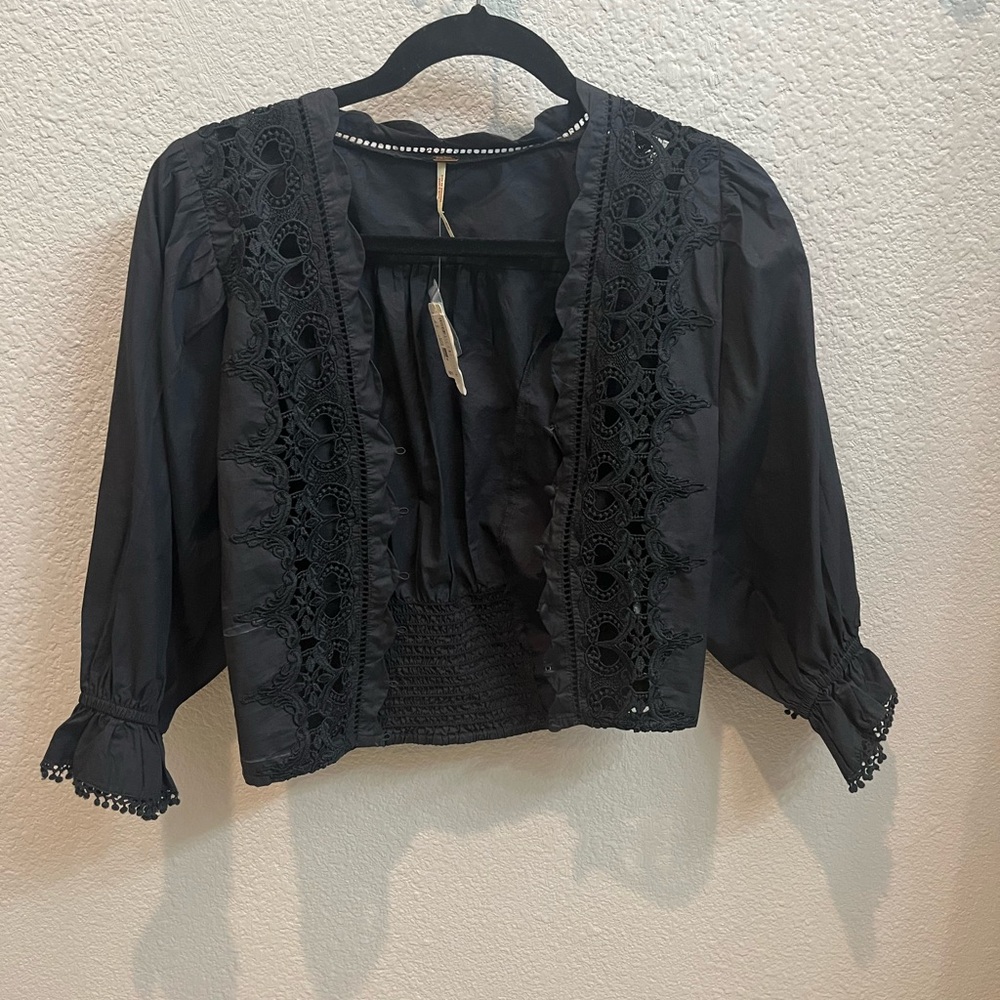 Free People Black Ruffled Cropped Blouse